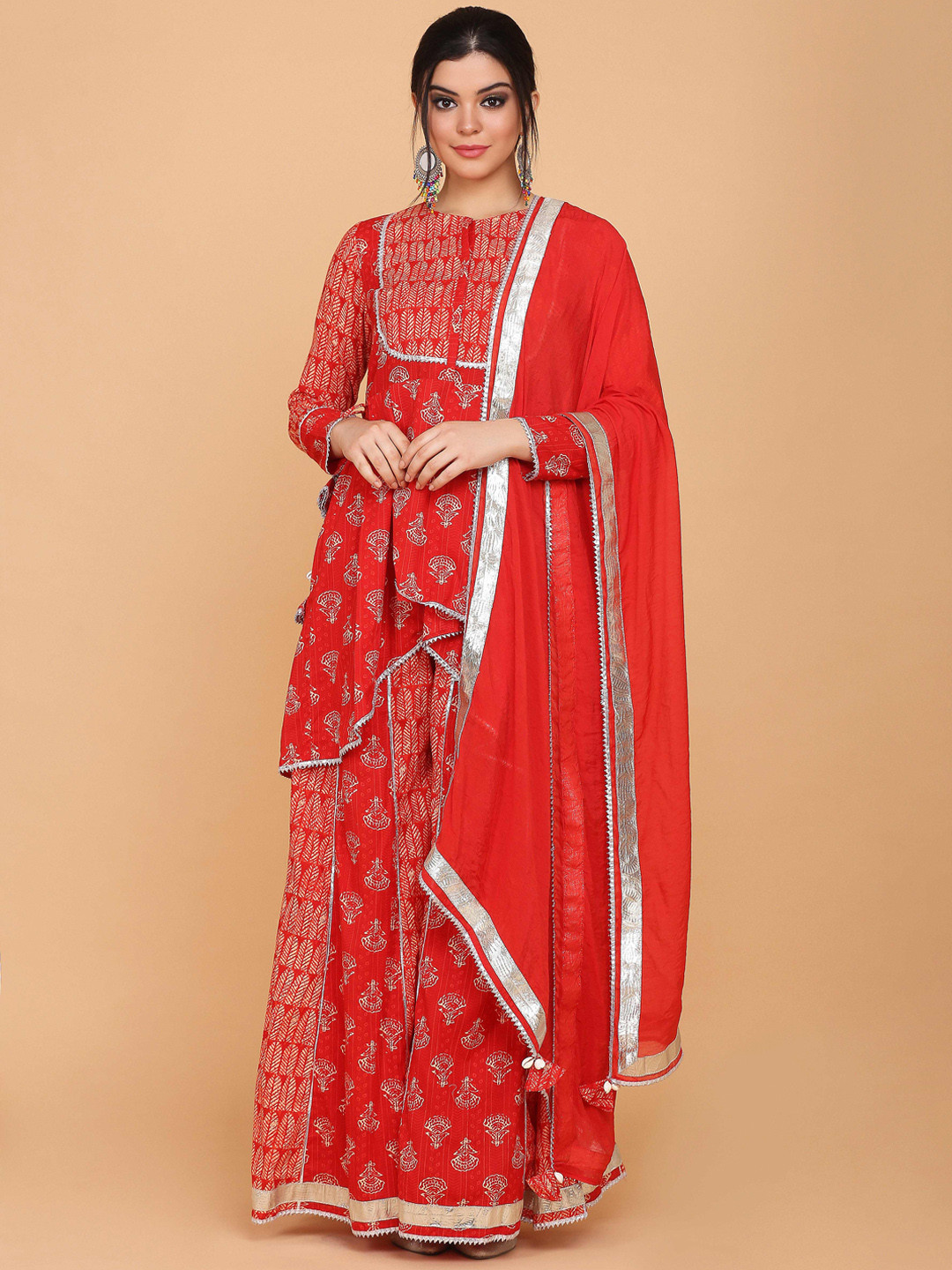 

KALINI Ethnic Motifs Printed Gotta Patti Pure Cotton Kurta With Palazzos & Dupatta, Red