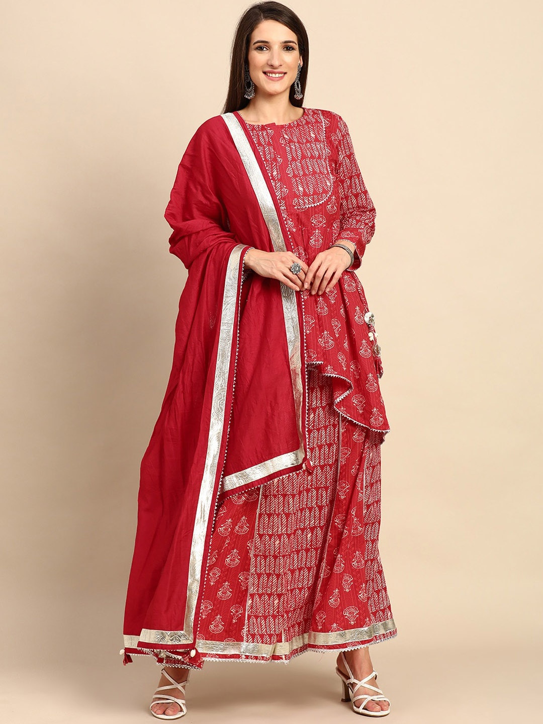 

KALINI Floral Printed Pure Cotton Kurta with Palazzos & With Dupatta, Red