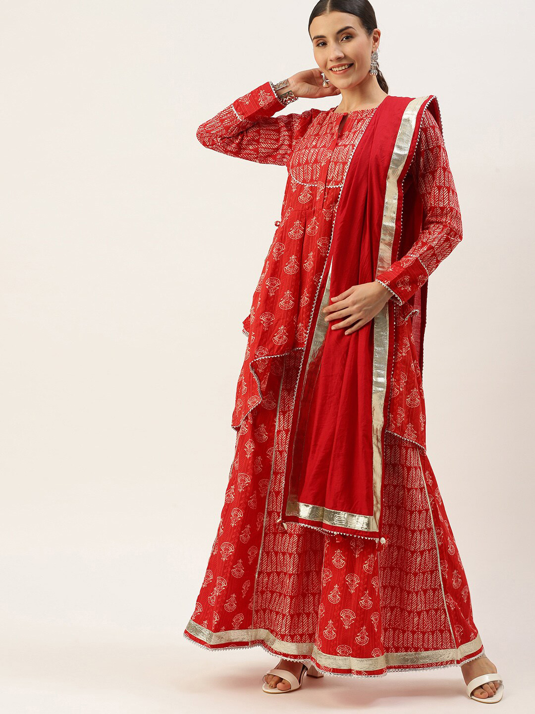 

KALINI Ethnic Motifs Printed Pure Cotton Gotta Patti Kurta with Palazzos & With Dupatta, Red