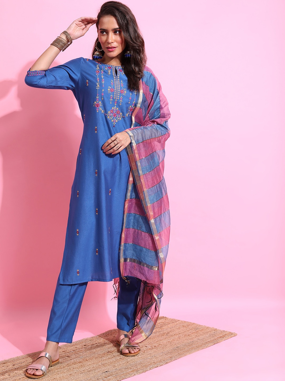 

KETCH Floral Embroidered Kurta with Trousers & Dupatta, Blue