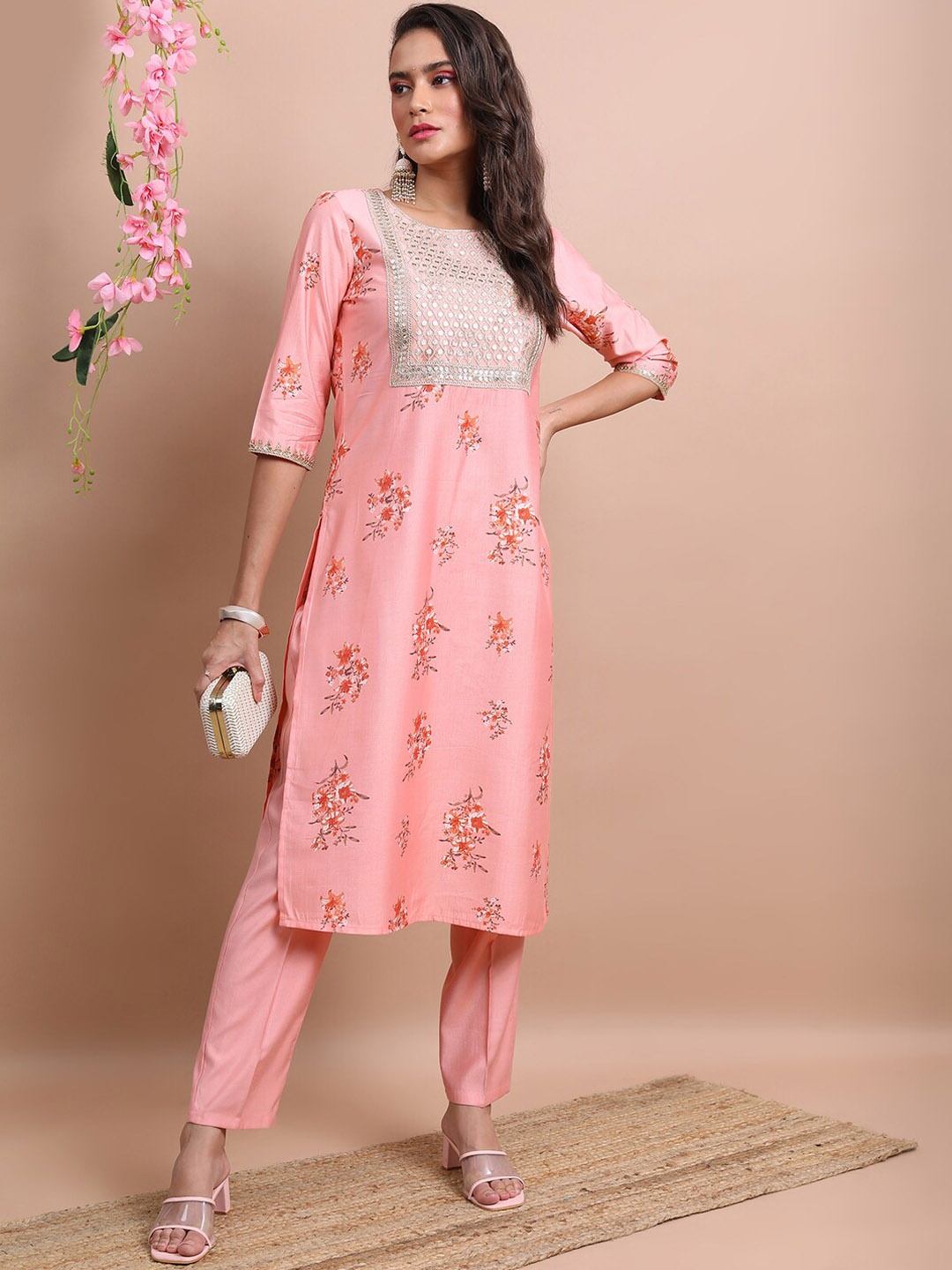 

KETCH Floral Printed Kurta with Trousers, Peach