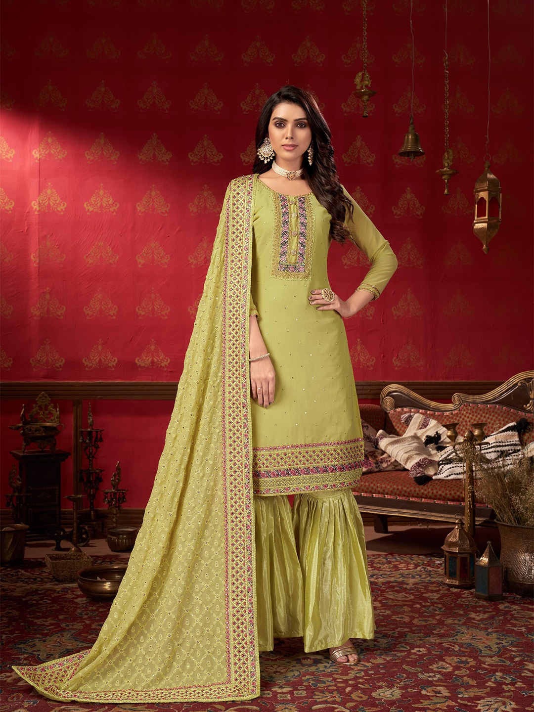 

Sangria Green Embroidered Unstitched Kurta & Trouser With Dupatta