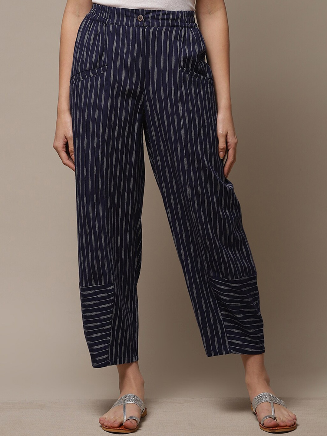 

Biba Women Striped Relaxed Straight Fit Cotton Trousers, Navy blue