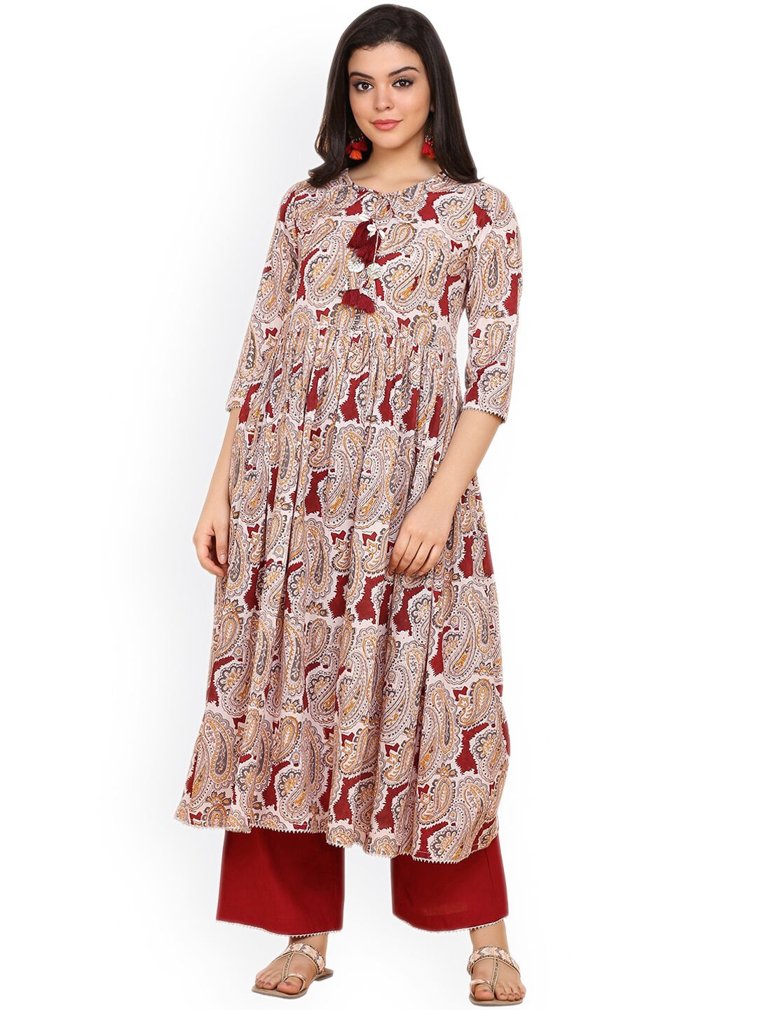 

Saanjh Brown & Maroon Paisley Printed Pure Cotton Kurta With Palazzos