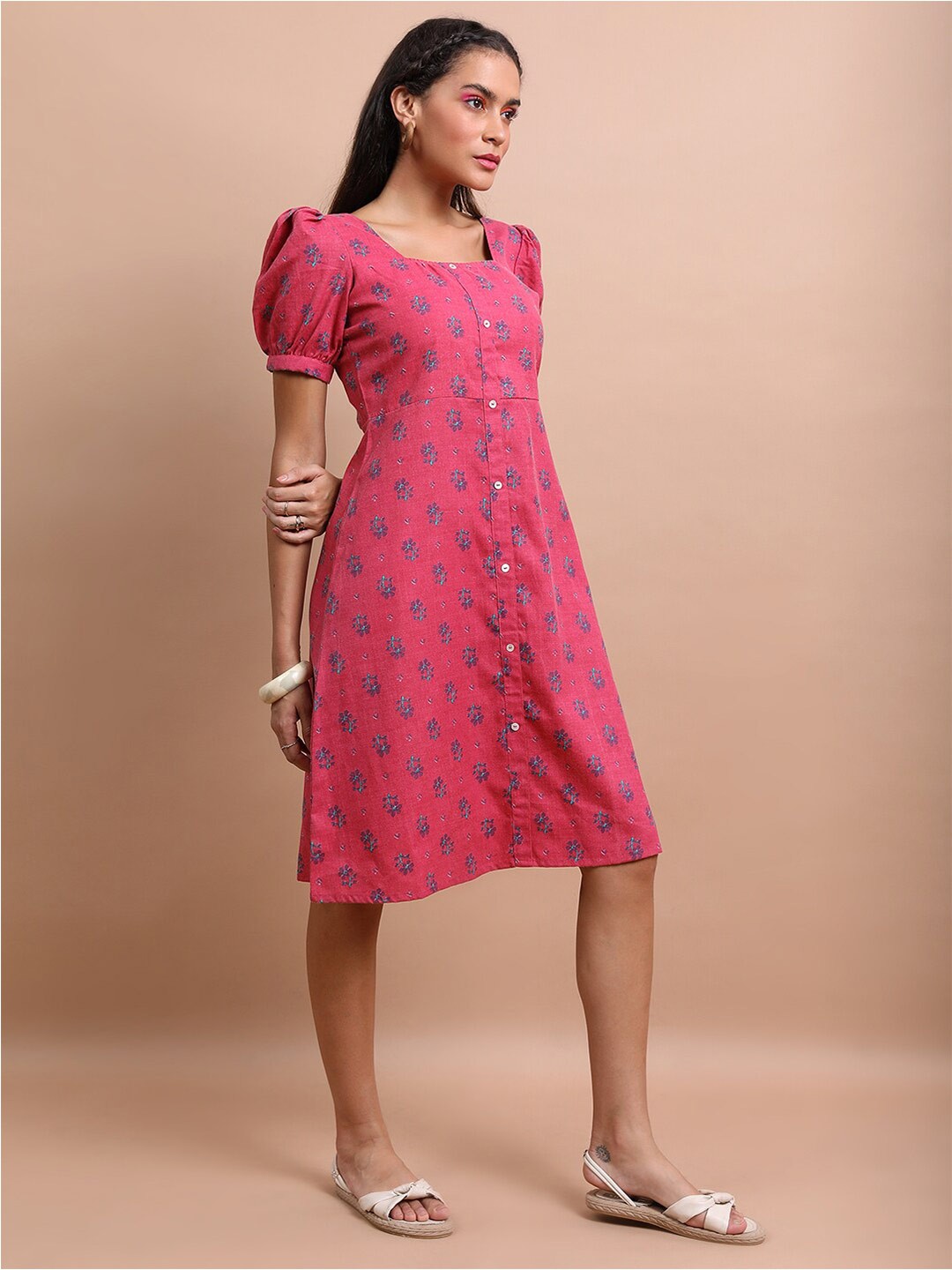 

Vishudh Floral Printed Puff Sleeve A-Line Dress, Pink
