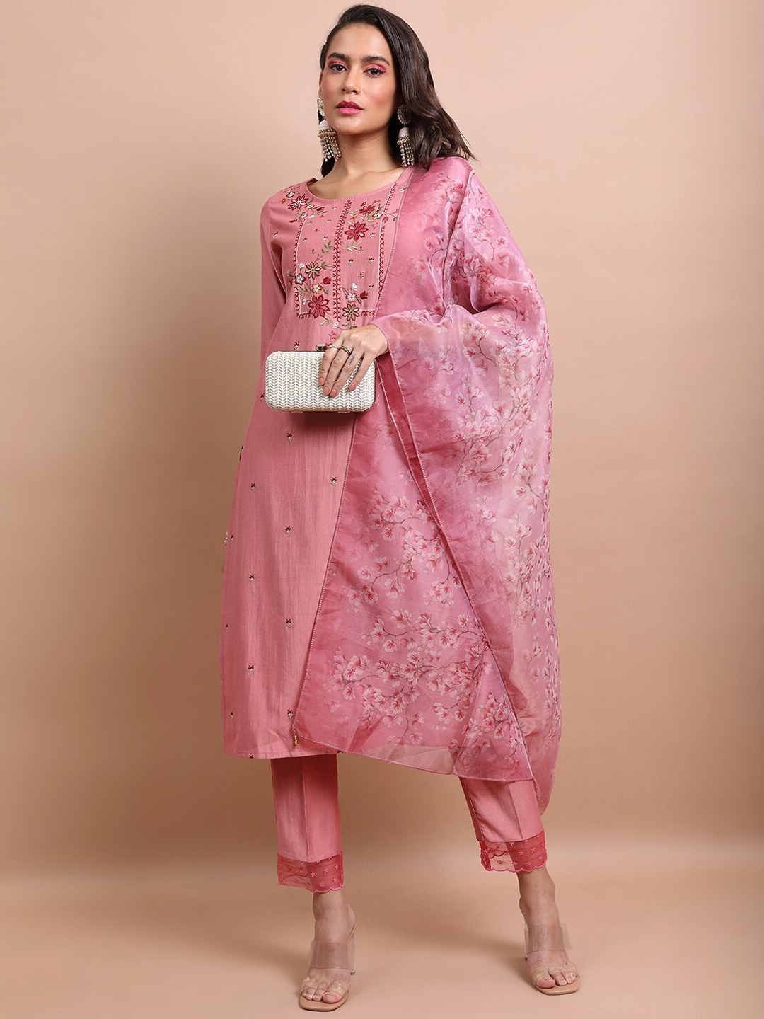 

Vishudh Pink Floral Yoke Design Kurta With Trouser And Dupatta