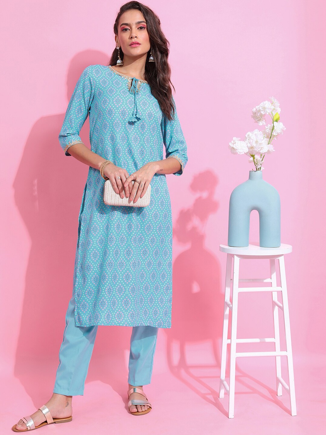 

Vishudh Turquoise Blue Ethnic Motifs Printed Regular Kurta With Trousers & Dupatta