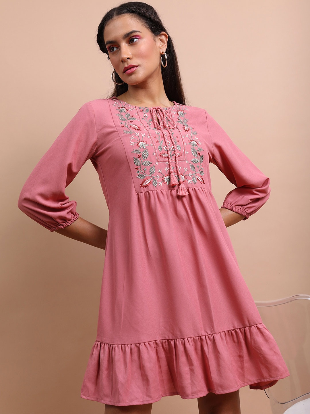 

Vishudh Floral Embroidered Tie-Up Neck A-Line Dress, Pink
