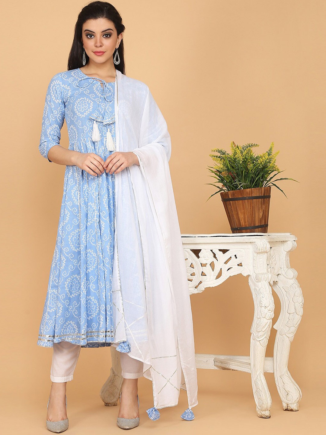 

Saanjh Blue Bandhani Printed Pleated Pure Cotton Kurta With Trousers & With Dupatta