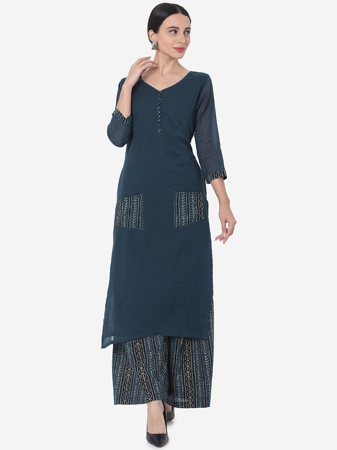 

Saanjh Blue Printed V-Neck Pure Cotton Kurta with Palazzos