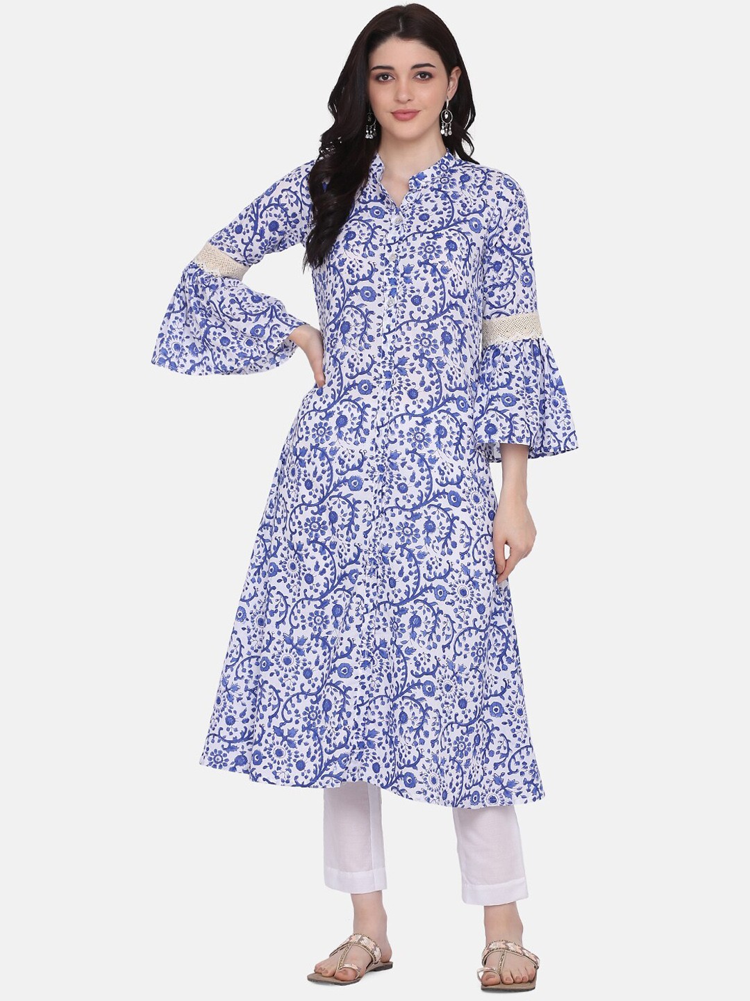 

Saanjh White Floral Printed Regular Pure Cotton Kurta With Trousers