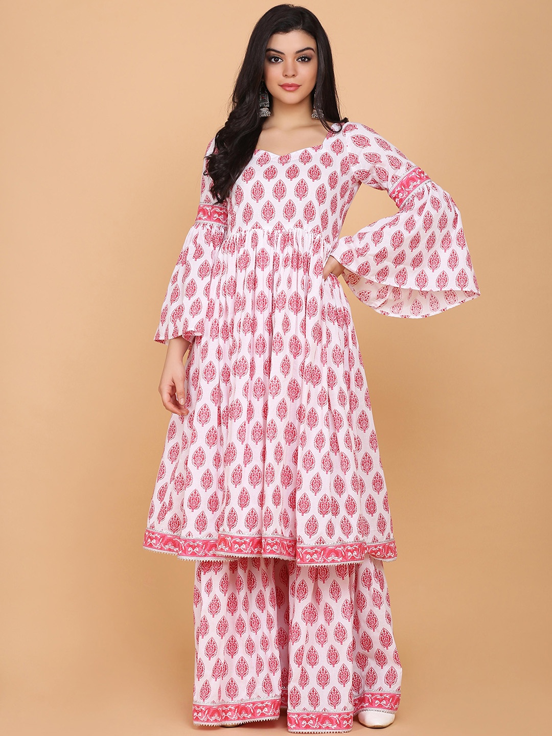 

Saanjh White & Red Ethnic Motifs Printed Empire Pure Cotton Kurta With Sharara