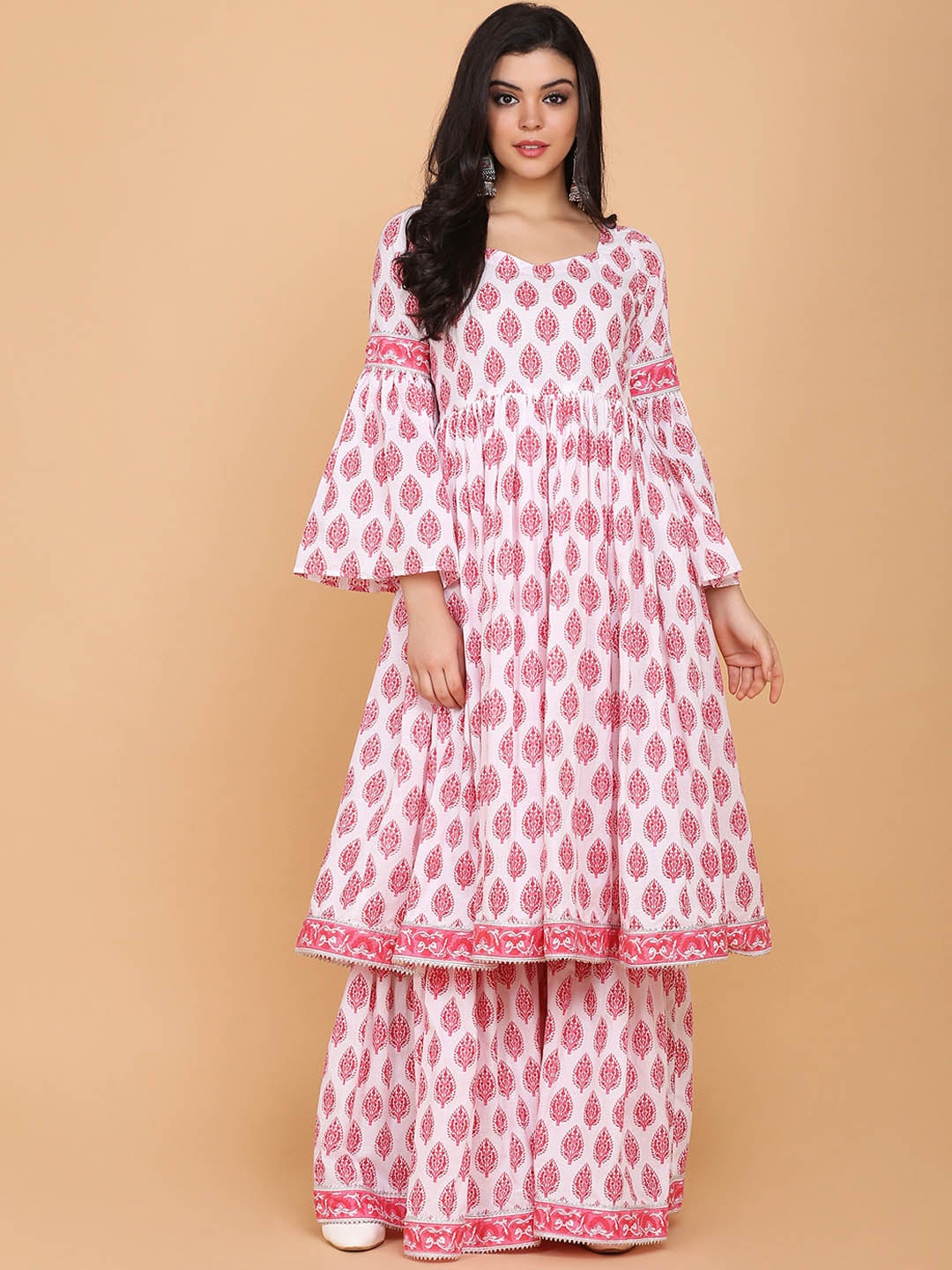 

KALINI Ethnic Motifs Printed Empire Pure Cotton Kurta with Palazzos, White