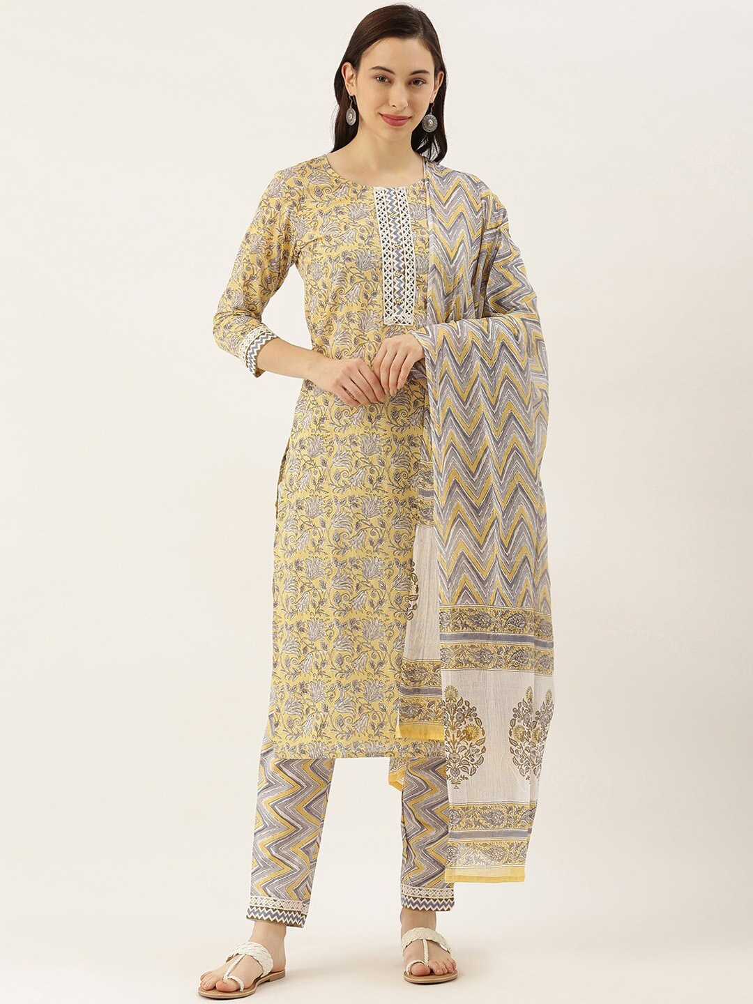 

Saanjh Yellow & Grey Ethnic Motifs Printed Pure Cotton Kurta With Trousers & With Dupatta