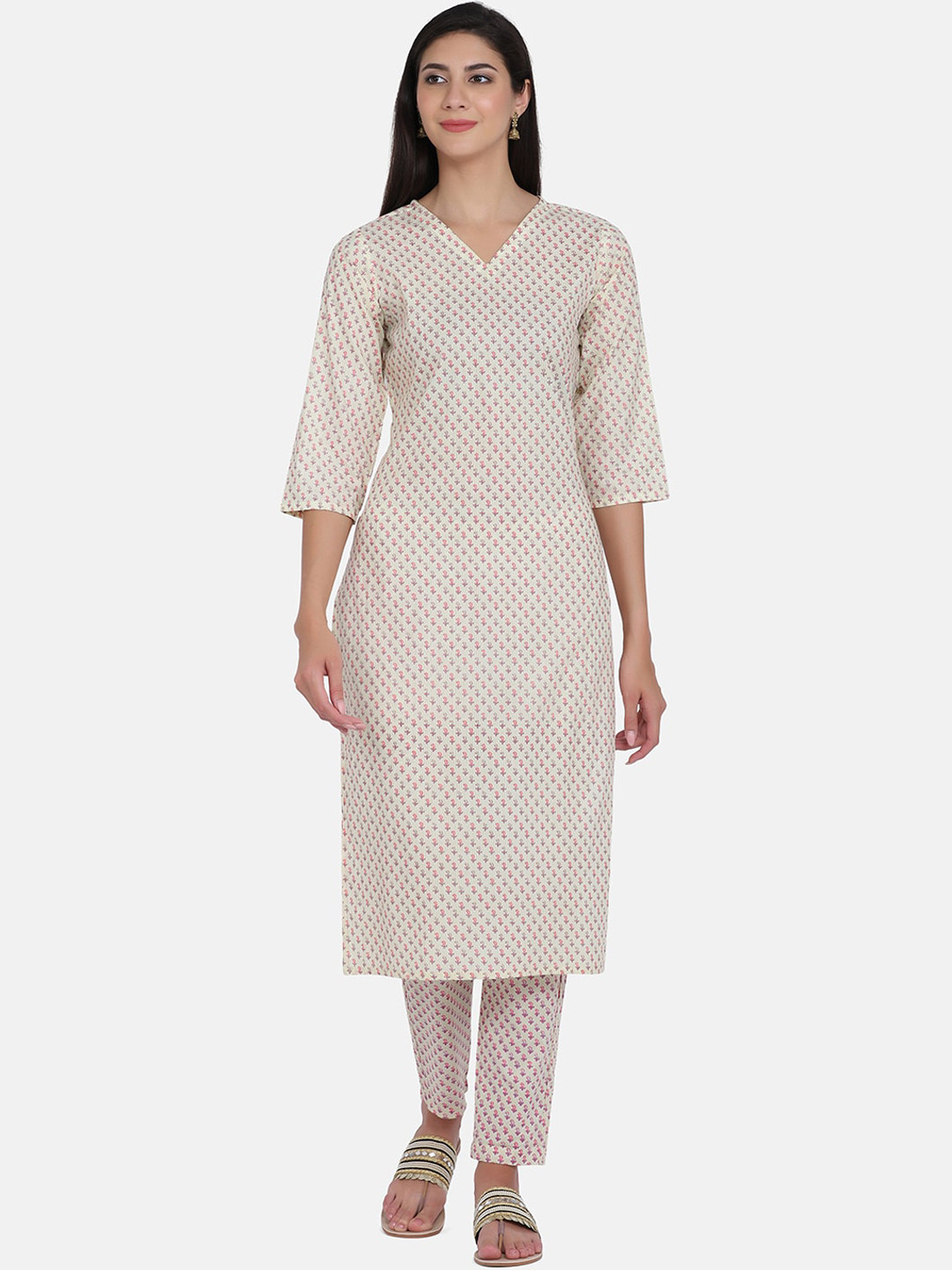 

Saanjh Off White & Pink Ethnic Motifs Printed Pure Cotton Kurta With Trousers