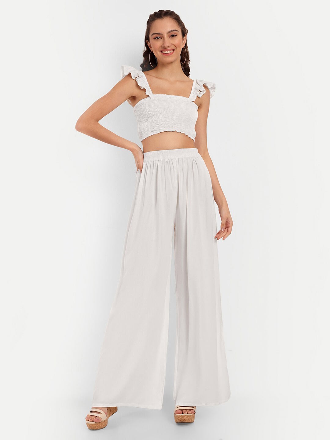 

OTORVA Shoulder Straps Smocked Fitted Crop Top, White