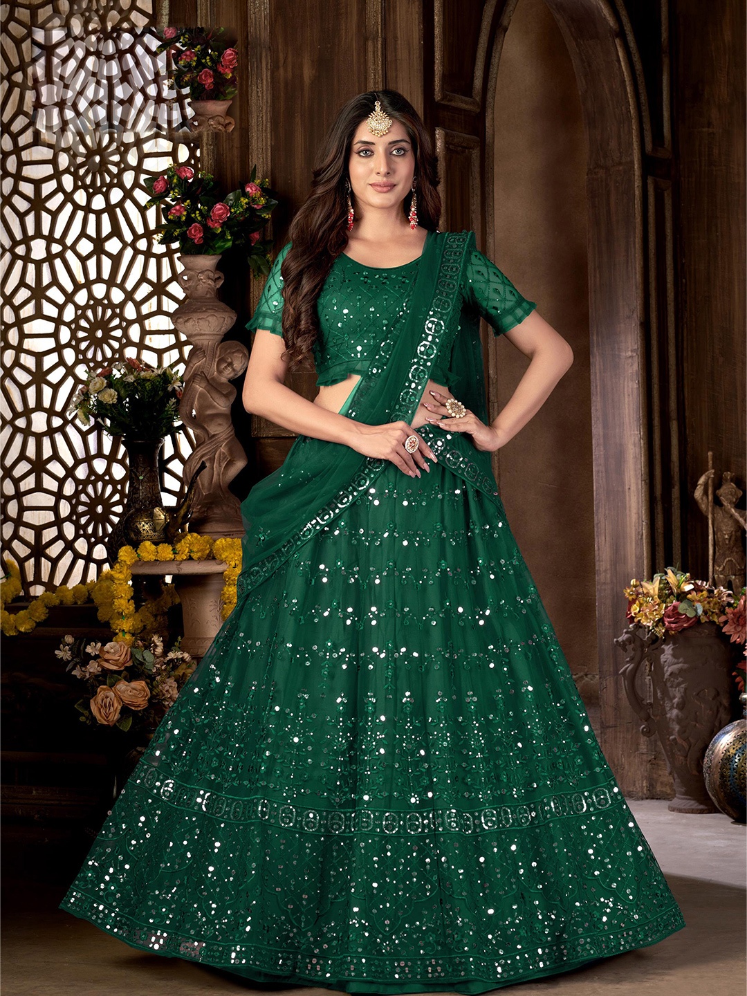 

all about you Green & Silver-Toned Embroidered Semi-Stitched Lehenga & Blouse With Dupatta