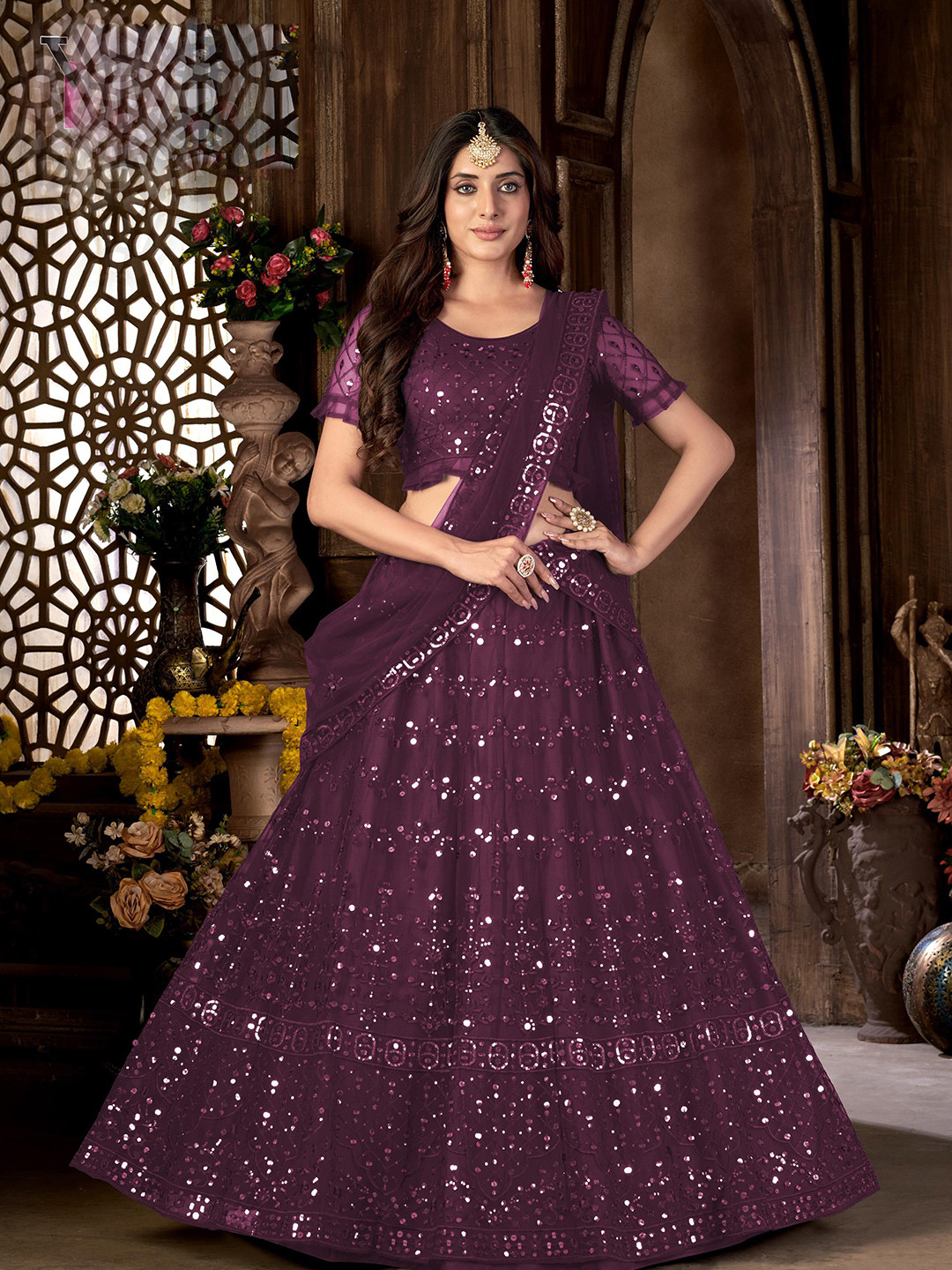 

all about you Purple Embroidered Semi-Stitched Lehenga & Blouse With Dupatta