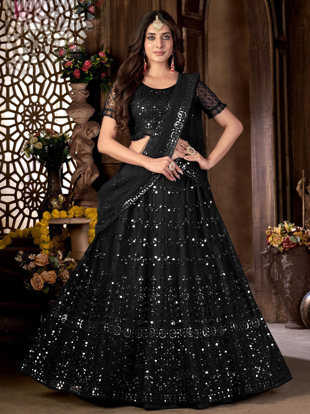 

all about you Black & Silver-Toned Embroidered Semi-Stitched Lehenga & Blouse With Dupatta
