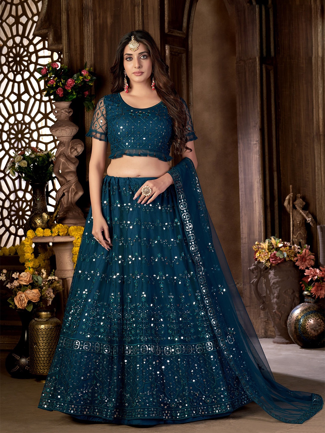 

all about you Teal Embroidered Thread Work Semi-Stitched Lehenga Choli With Dupatta