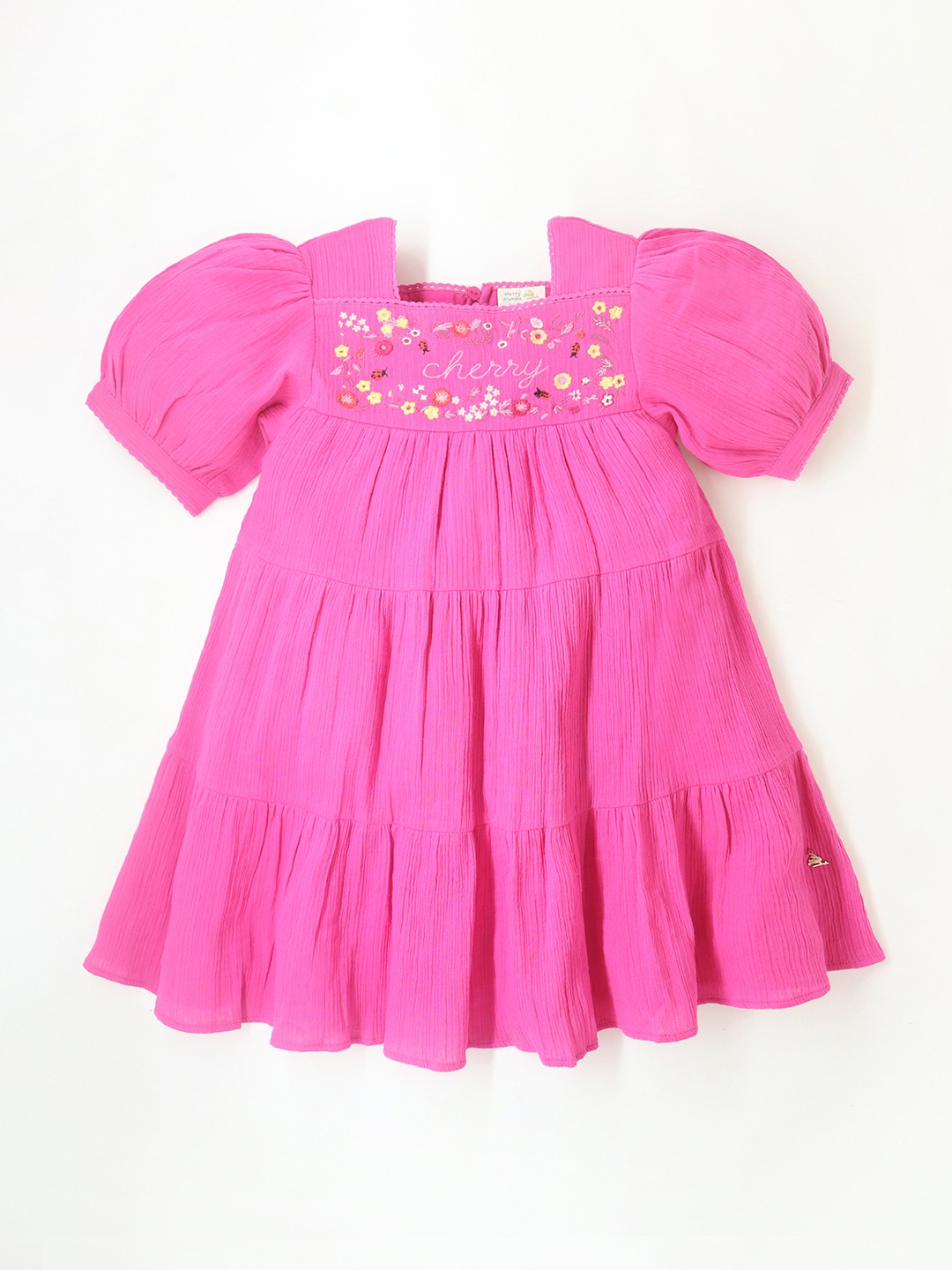 

Cherry Crumble Girls Puff Sleeve Embroidered Pure Cotton Tiered A Line Dress, Pink