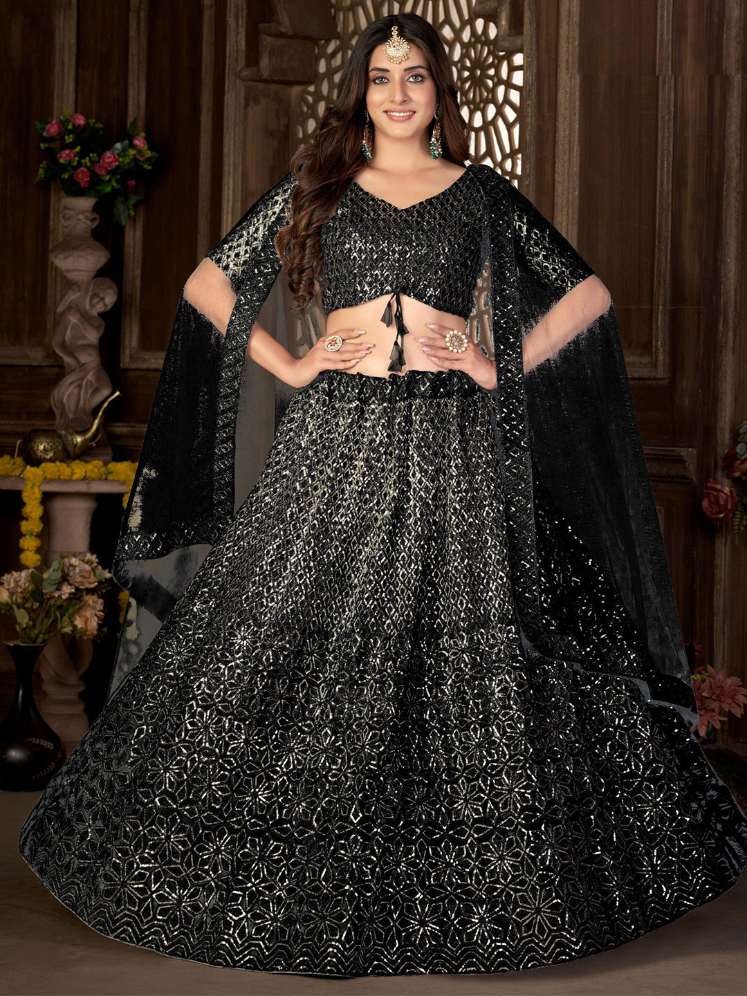 

all about you Black & Silver-Toned Embroidered Semi-Stitched Lehenga & Blouse With Dupatta