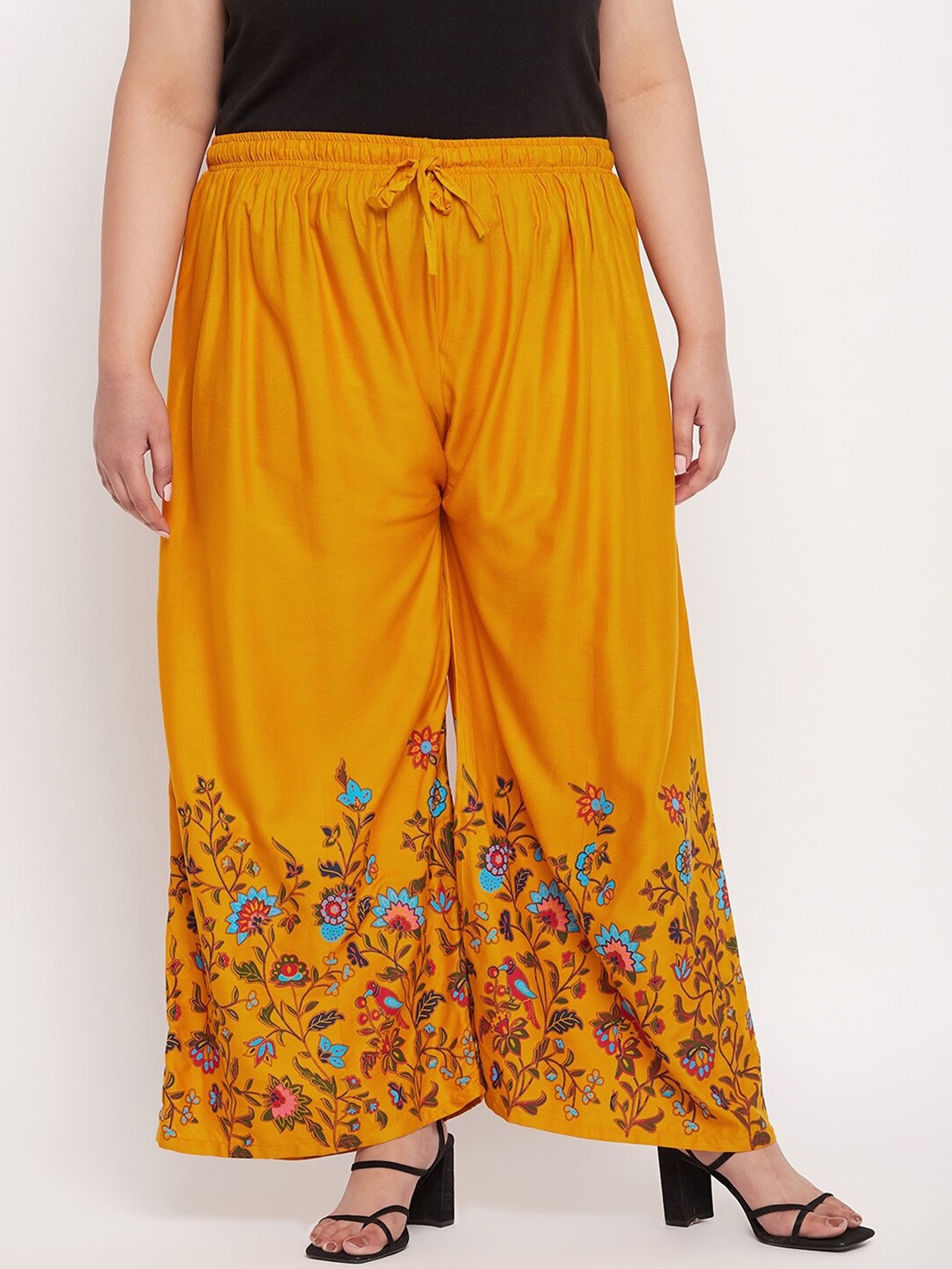 

CLORA CREATION PLUS Women Floral Hem Design Flared Palazzos, Mustard