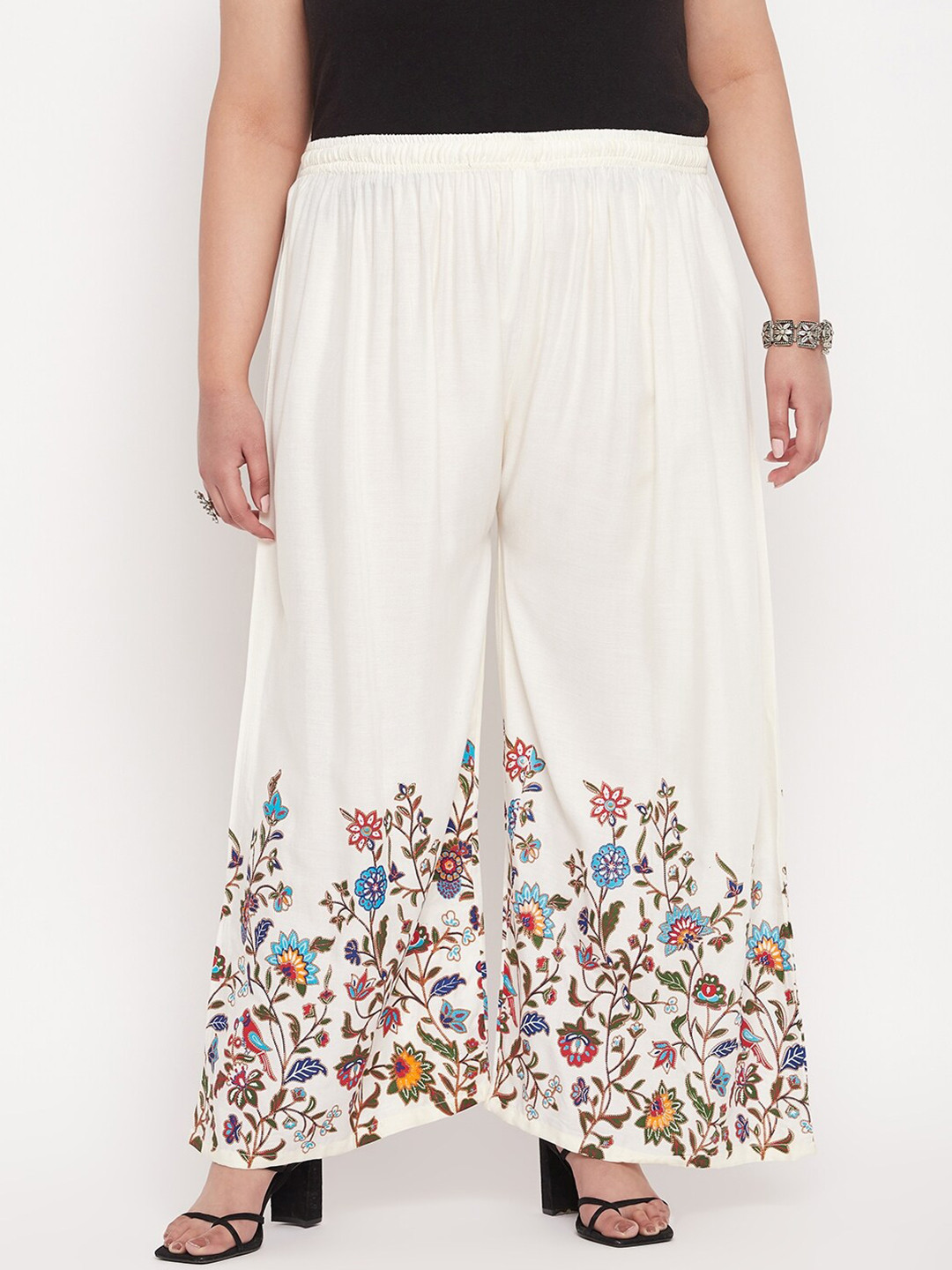 

CLORA CREATION PLUS Women Floral Hem Design Palazzos, Cream