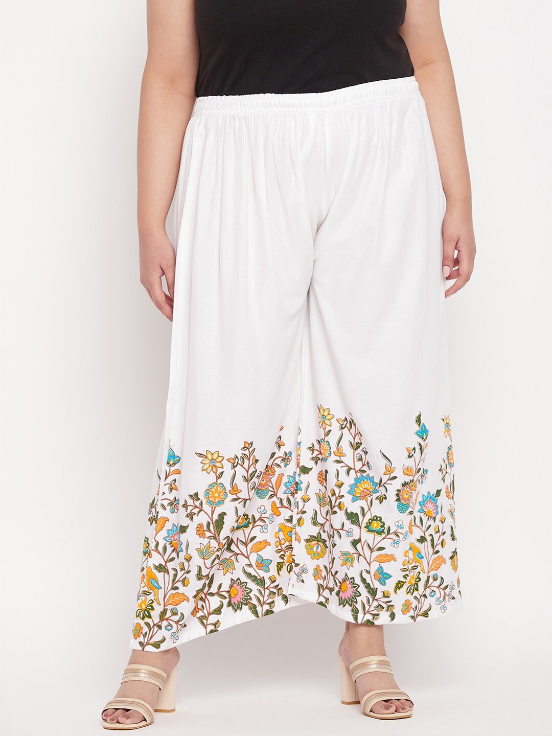 

CLORA CREATION PLUS Women Floral Hem Design Palazzos, White