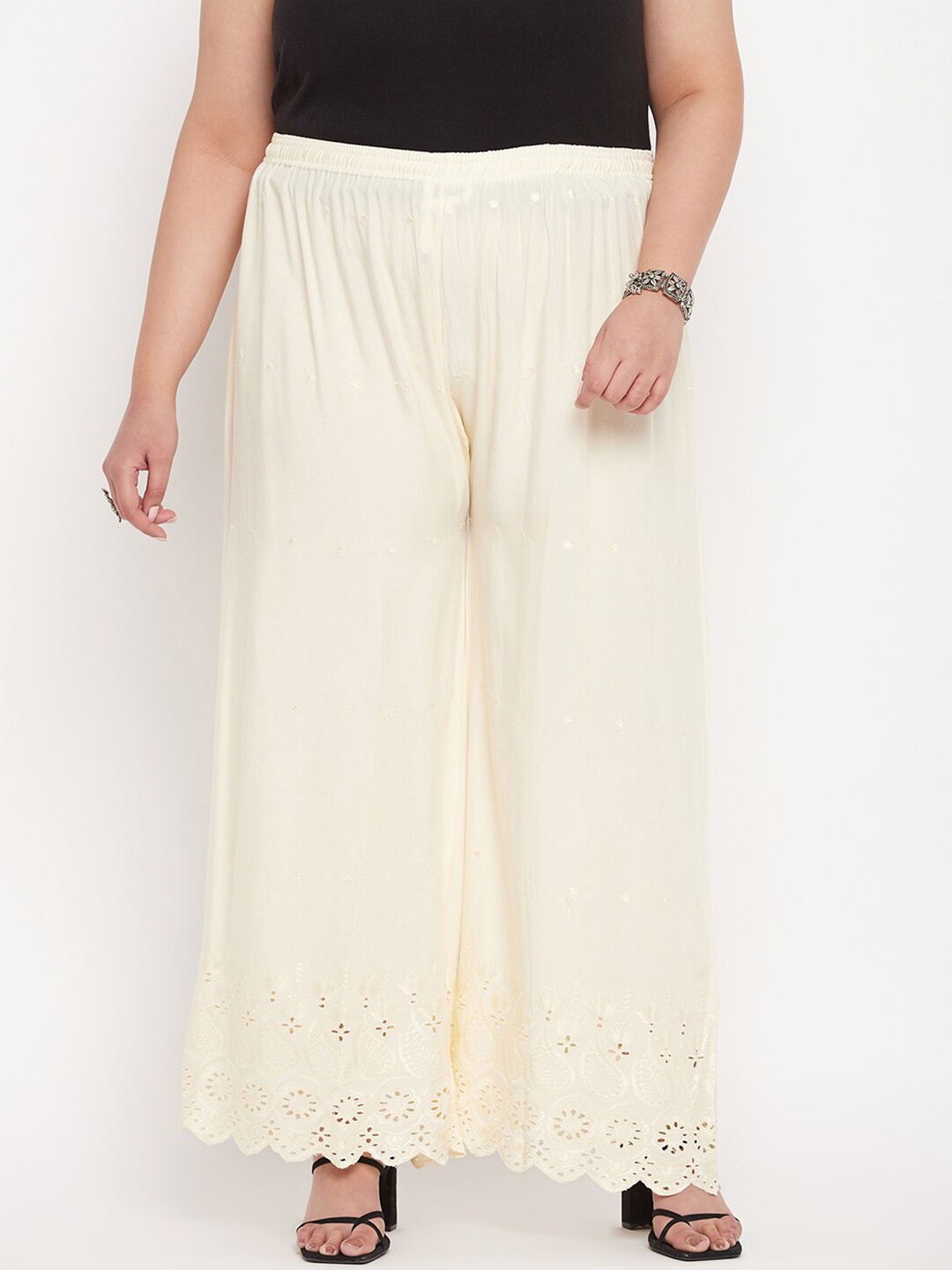 

CLORA CREATION PLUS Women Floral Embroidered Flared Palazzos, Cream