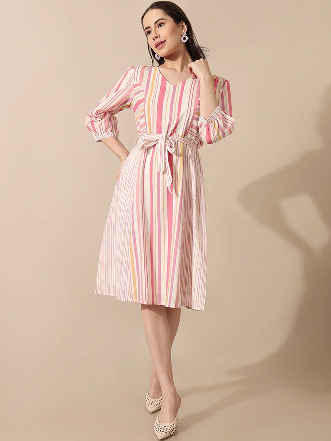 

Saaki Striped Cotton A-Line Dress, Off white