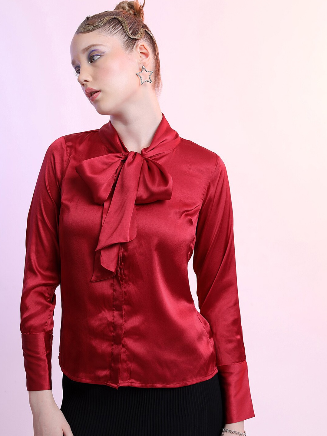 

KETCH Mandarin Collar Satin Casual Shirt, Maroon