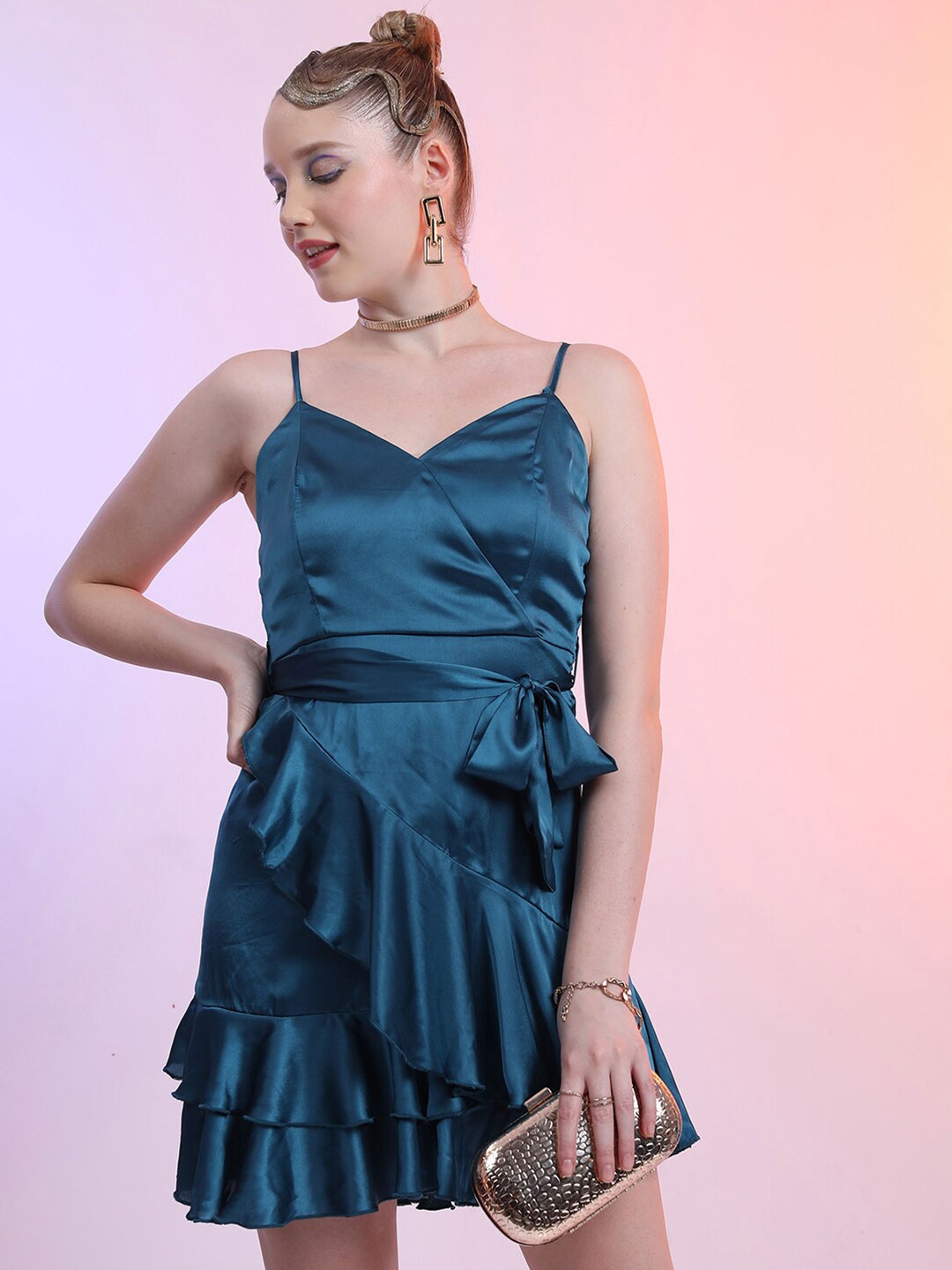 

KETCH Shoulder Straps Ruffled Wrap Mini Dress, Teal