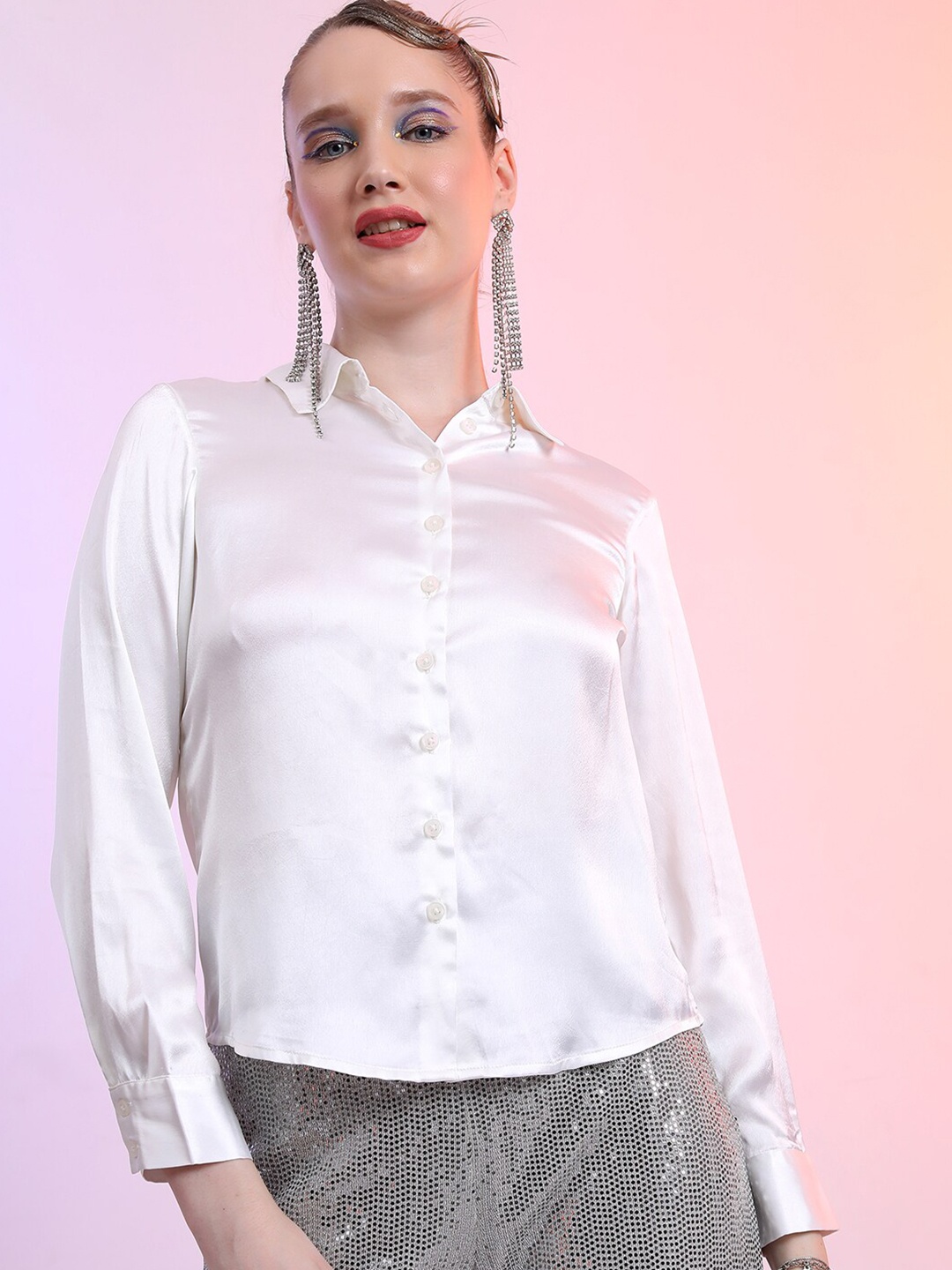 

KETCH Spread Collar Satin Casual Shirt, White