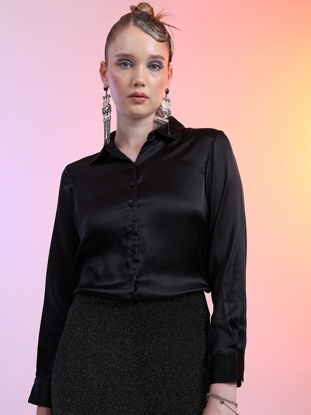 

KETCH Spread Collar Satin Casual Shirt, Black