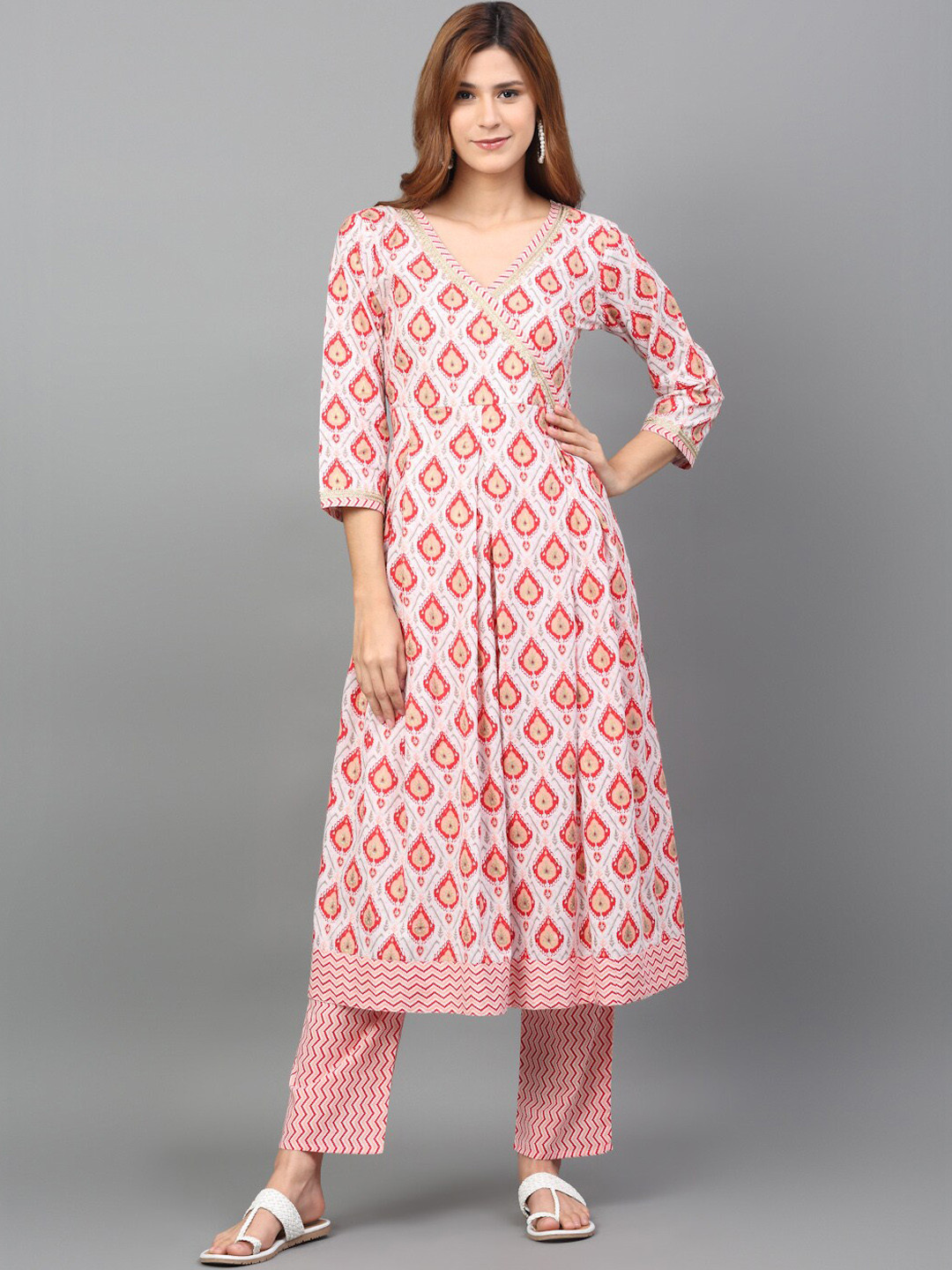 

KALINI Ethnic Motifs Printed Angrakha Gotta Patti Pure Cotton Kurta with Palazzos, White