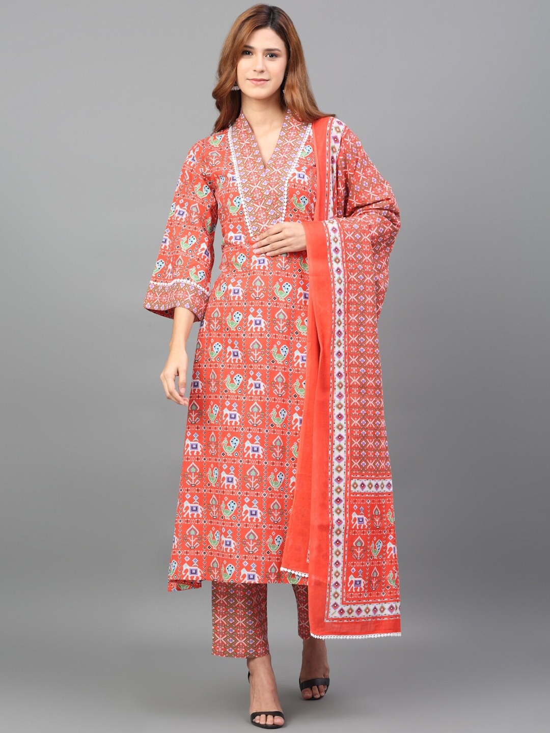 

KALINI Ethnic Motifs Printed Pure Cotton Kurta with Palazzos & With Dupatta, Orange