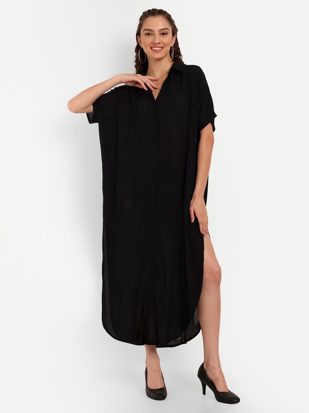 

OTORVA Extended Sleeves Shirt Collar Midi Shirt Dress, Black