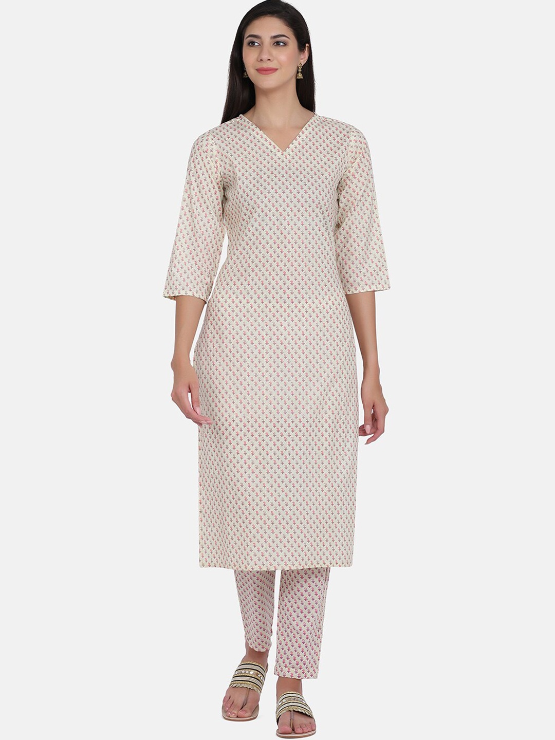 

KALINI Women Yellow Ethnic Motifs Printed Regular Pure Cotton Kurta with Trousers