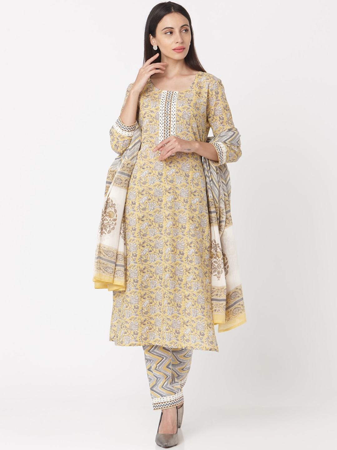 

KALINI Floral Printed Regular Pure Cotton Kurta With Trousers & Dupatta, Yellow