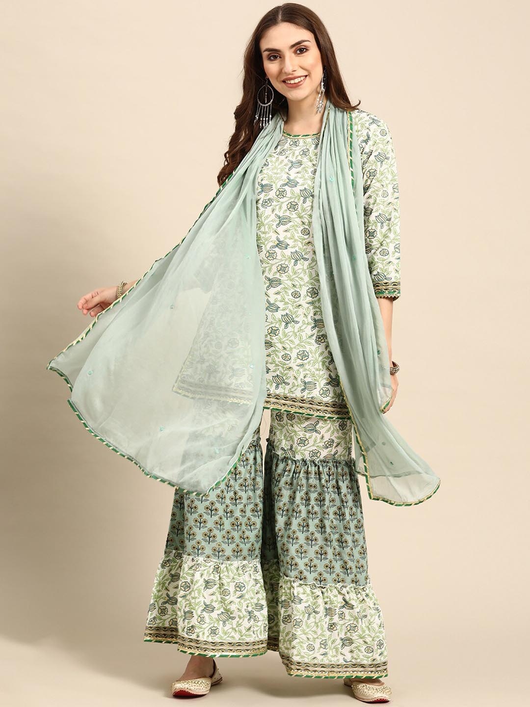 

KALINI Floral Printed Regular Gotta Patti Pure Cotton Kurti with Sharara & With Dupatta, Green