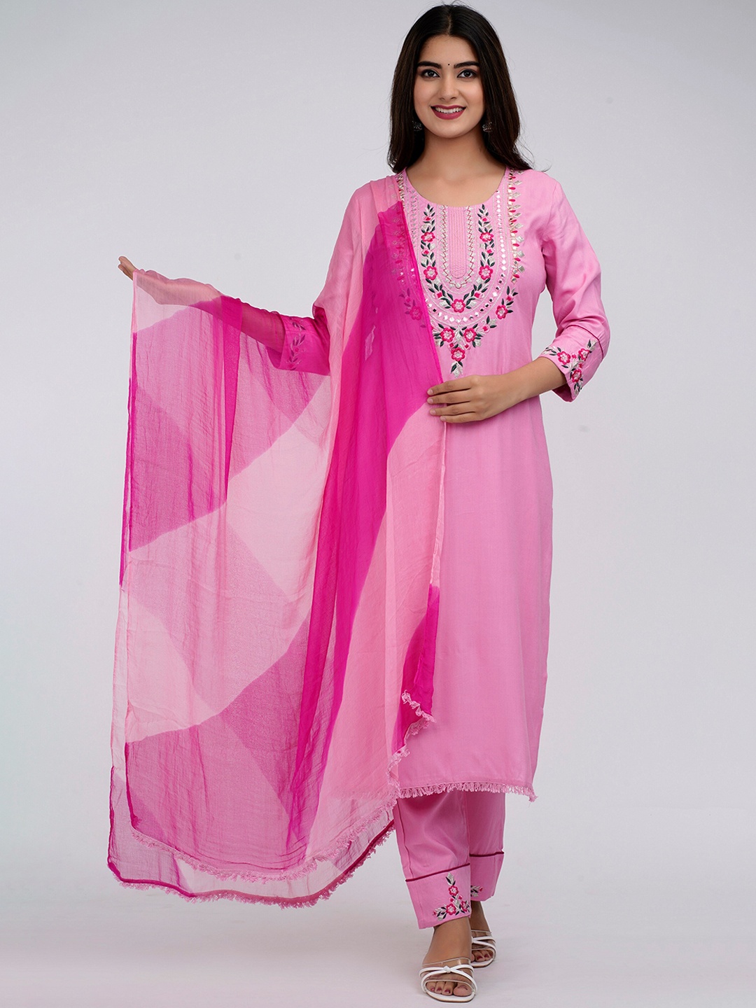 

KALINI Floral Yoke Design Thread & Mirror Work Kurta with Trousers & Dupatta, Pink