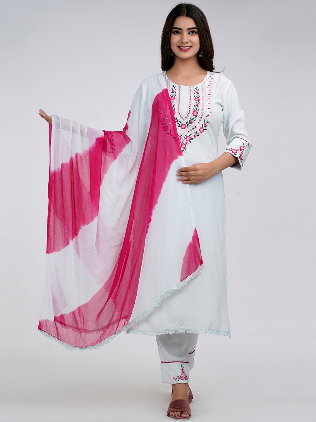 

KALINI Floral Yoke Design Mirror Work Kurta with Trousers & Dupatta, White