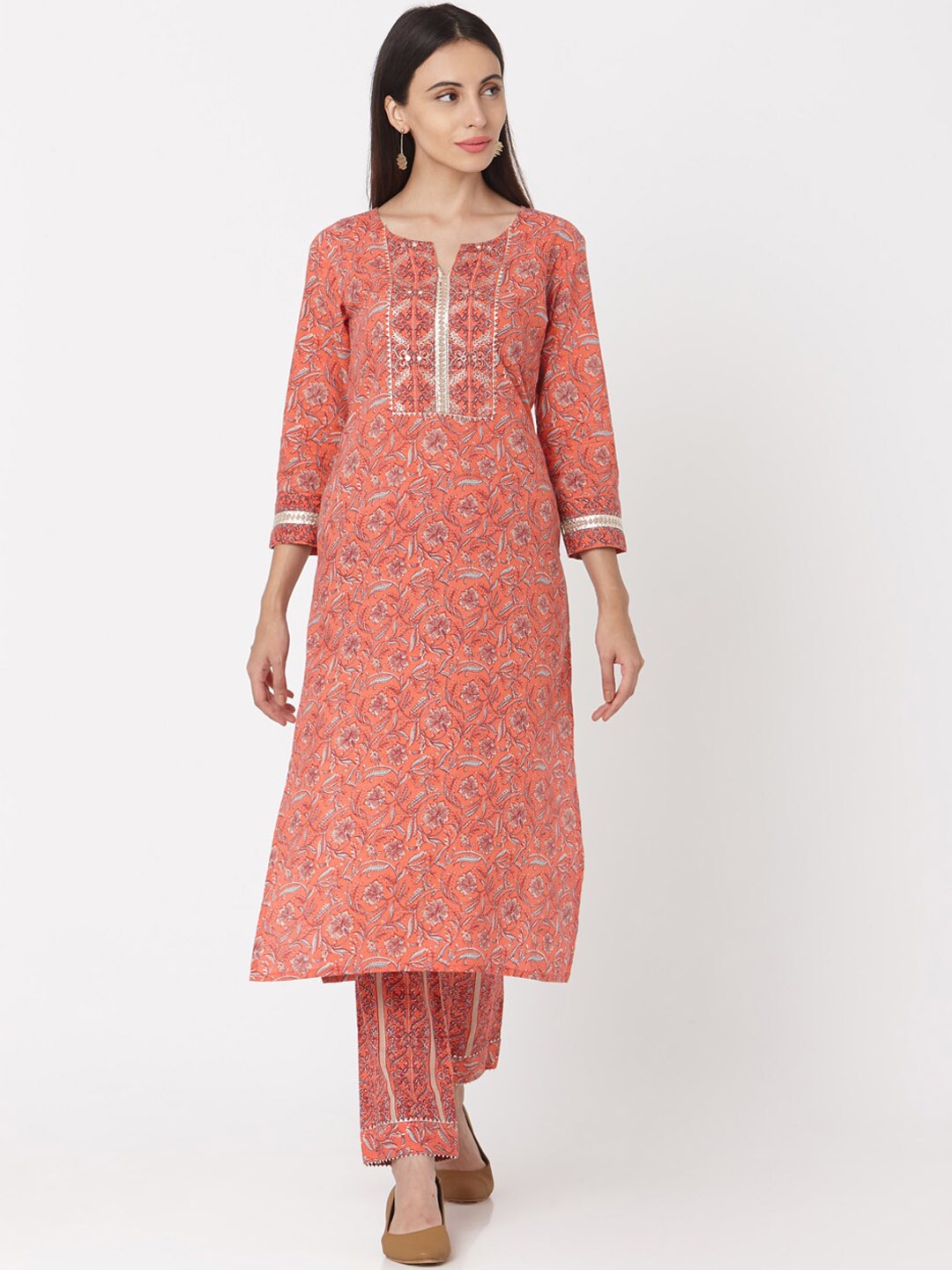 

Saanjh Pink Floral Printed Pure Cotton Kurta With Trousers & Dupatta