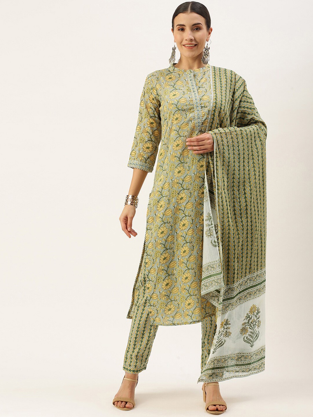 

Saanjh Olive Green Floral Printed Pure Cotton Kurta With Trouser & With Dupatta