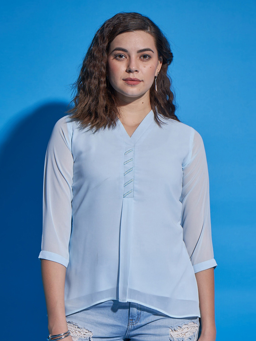 

DressBerry Blue V-Neck Embellished Top