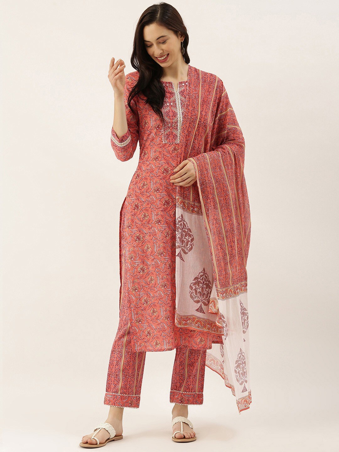 

Saanjh Pink Floral Printed Gotta Patti Pure Cotton Kurta With Trousers & Dupatta