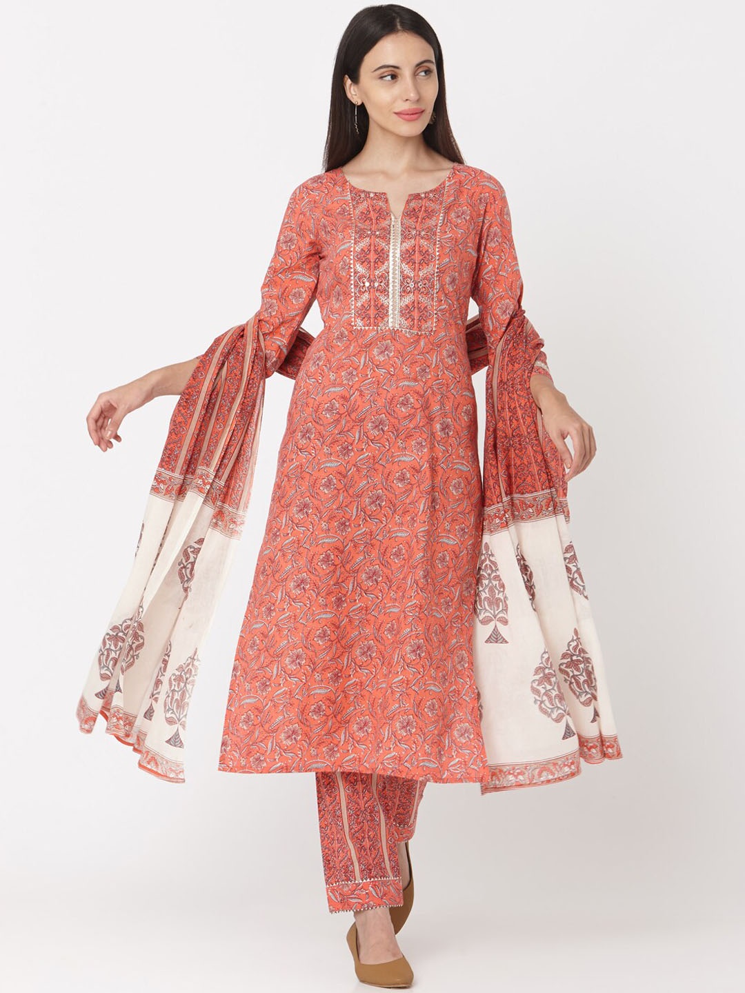 

Saanjh Pink Ethnic Motifs Printed Pure Cotton Kurta & Trousers With Dupatta