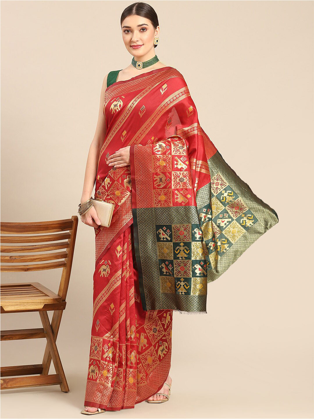 

all about you Red & Green Ethnic Motifs Woven Design Zari Kanjeevaram Saree