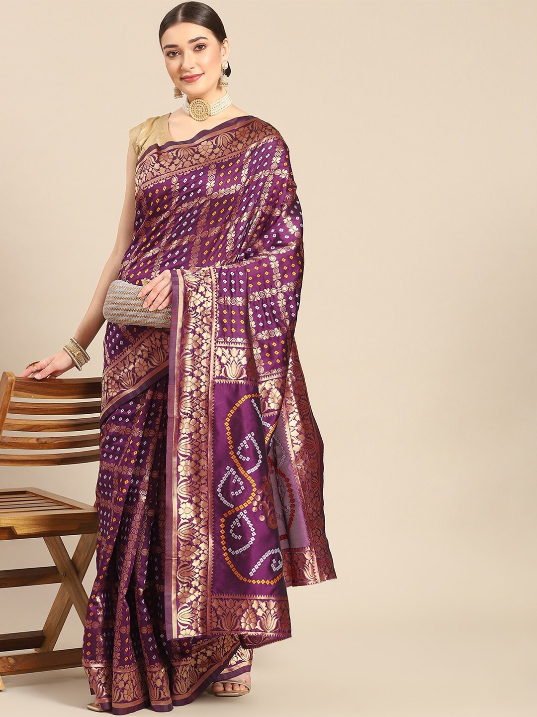 

all about you Purple & Gold-Toned Ethnic Motifs Zari Kanjeevaram Saree